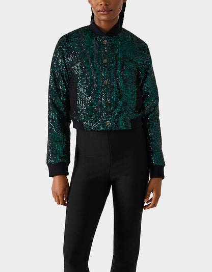 Betsey Johnson Trusted - GLITTERATI BOMBER JACKET EMERALD GREEN Women's Green Sequin Bomber Jacket