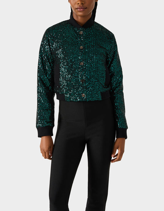 Betsey Johnson Trusted - GLITTERATI BOMBER JACKET EMERALD GREEN Women's Green Sequin Bomber Jacket