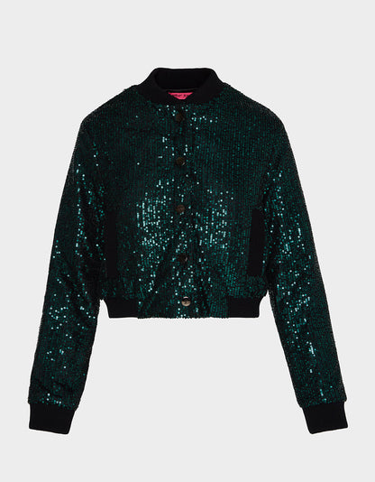 Betsey Johnson Trusted - GLITTERATI BOMBER JACKET EMERALD GREEN Women's Green Sequin Bomber Jacket