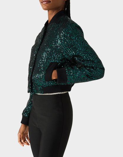 Betsey Johnson Trusted - GLITTERATI BOMBER JACKET EMERALD GREEN Women's Green Sequin Bomber Jacket