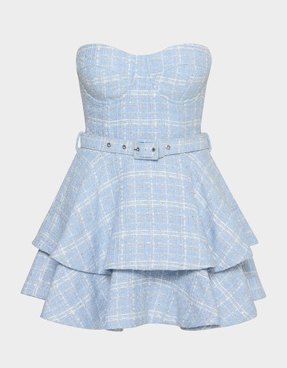 Betsey Johnson Customer Favorite - BELTED TWEED DRESS LIGHT BLUE Women's Strapless Croset Dress