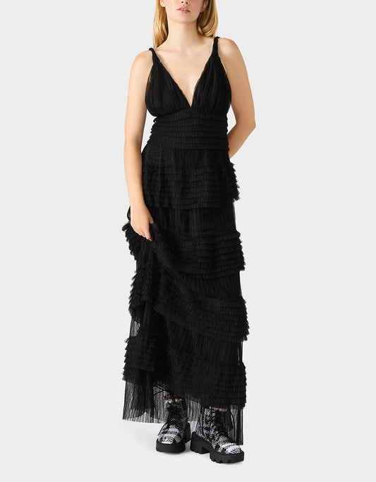 Betsey Johnson Signature - TIERED TULLE GOWN BLACK Women's Maxi Tulle Dress