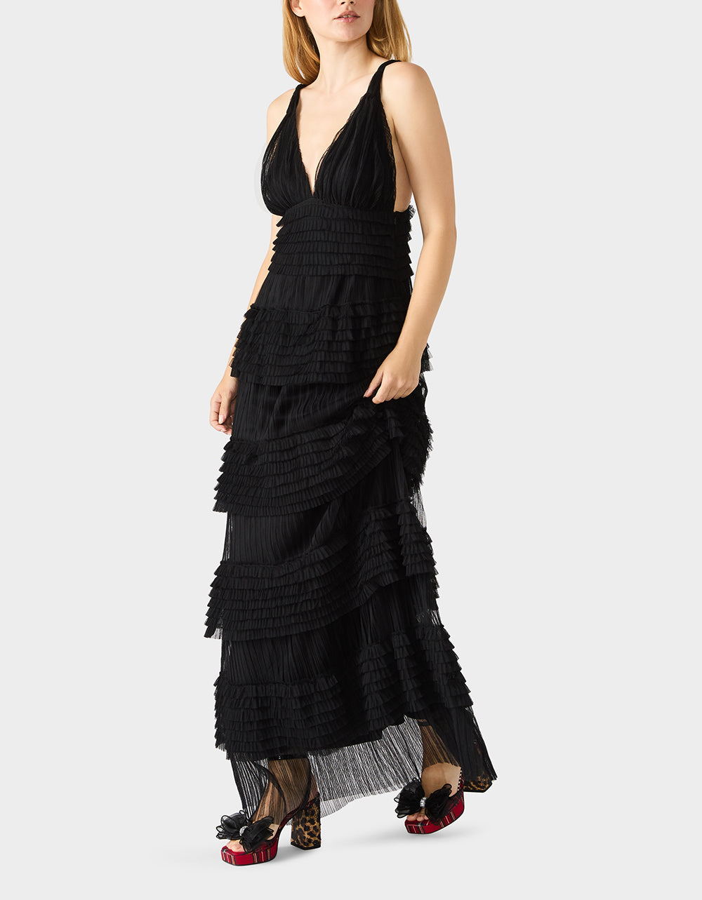 Betsey Johnson Signature - TIERED TULLE GOWN BLACK Women's Maxi Tulle Dress