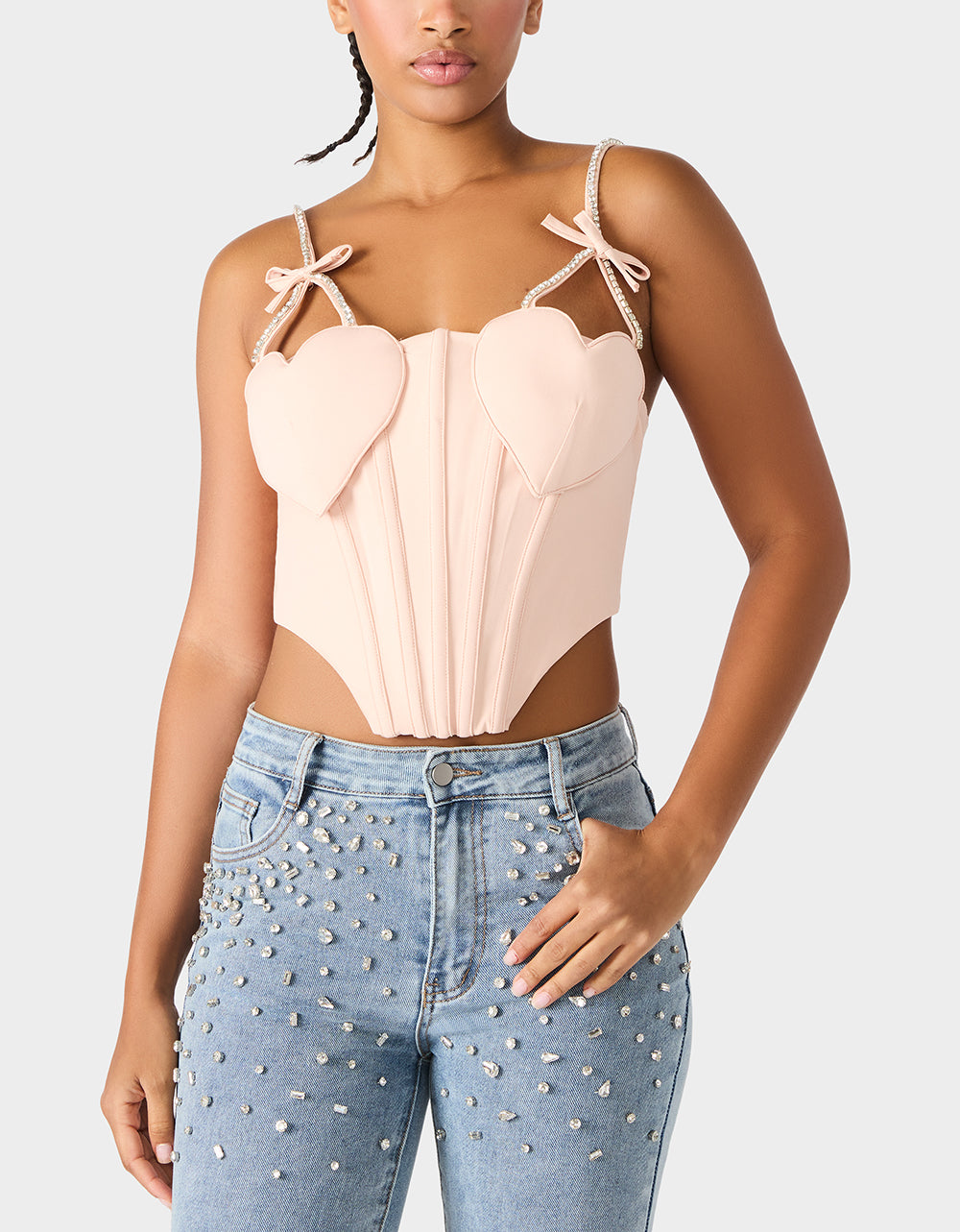 Betsey Johnson Best Seller - HEART BUSTIER BLUSH Women's Bustier Cropped Corset Bow Top