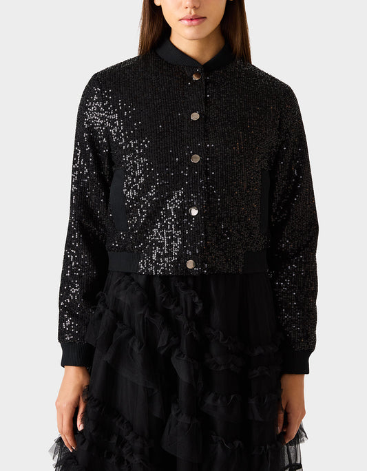 Betsey Johnson Classic - GLITTERATI BOMBER JACKET BLACK SEQUIN Women's Black Sequin Bomber Jacket