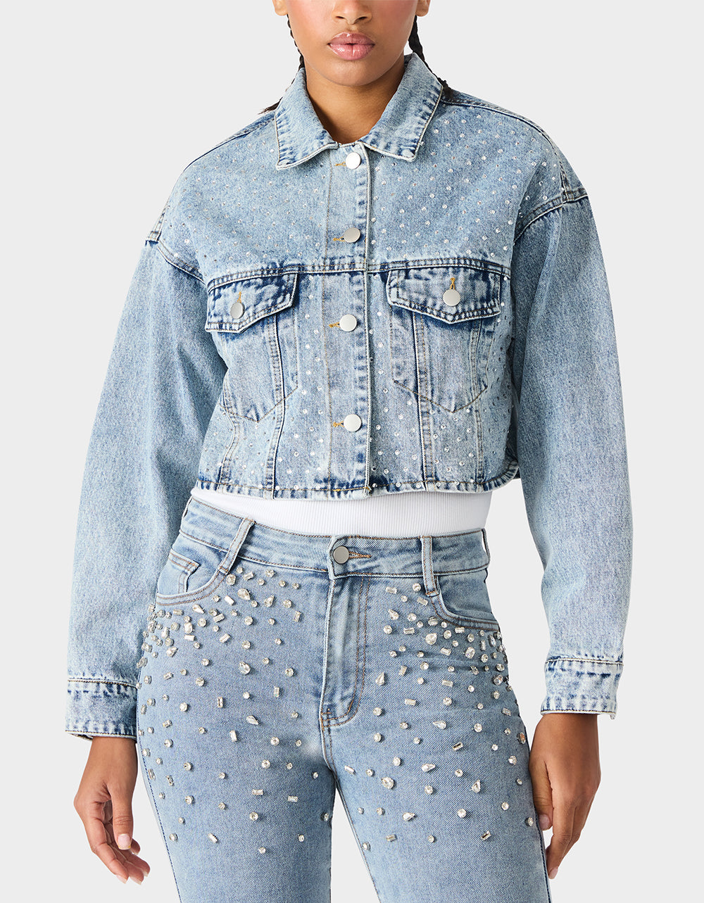Betsey Johnson Smart Buy - SPARKLE DENIM JACKET Women's Long-Sleeved Denim Rhinestone Jacket