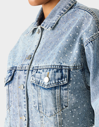 Betsey Johnson Smart Buy - SPARKLE DENIM JACKET Women's Long-Sleeved Denim Rhinestone Jacket