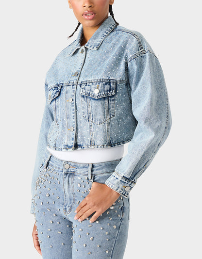 Betsey Johnson Smart Buy - SPARKLE DENIM JACKET Women's Long-Sleeved Denim Rhinestone Jacket