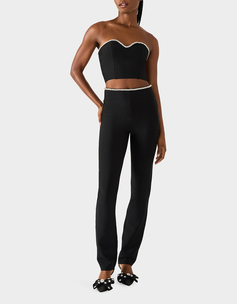 Betsey Johnson Trusted - JEWELED SET BLACK Women's Black Crop Top and Pant Rhinestone Set