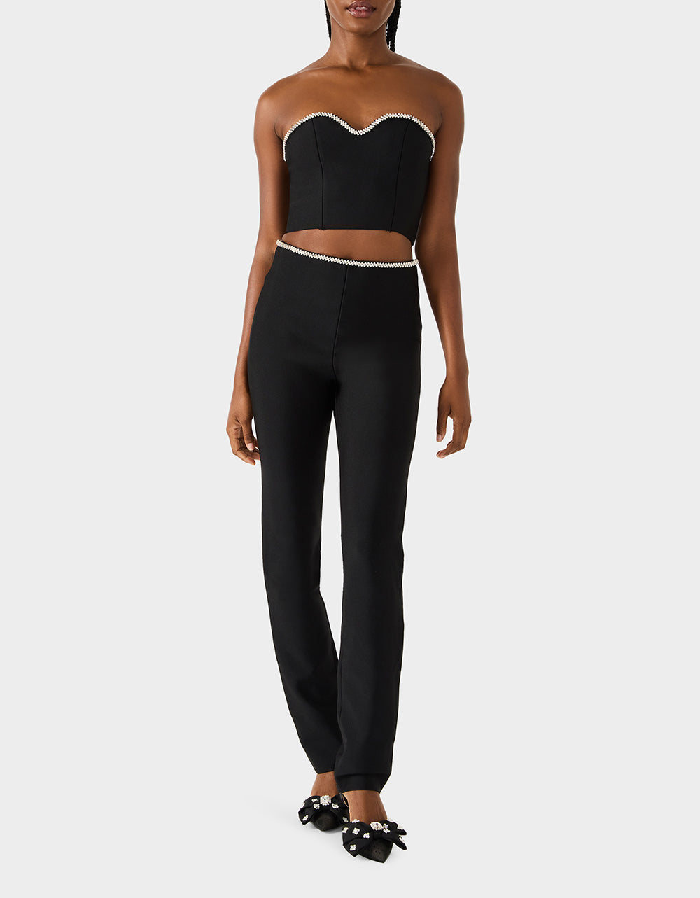Betsey Johnson Trusted - JEWELED SET BLACK Women's Black Crop Top and Pant Rhinestone Set