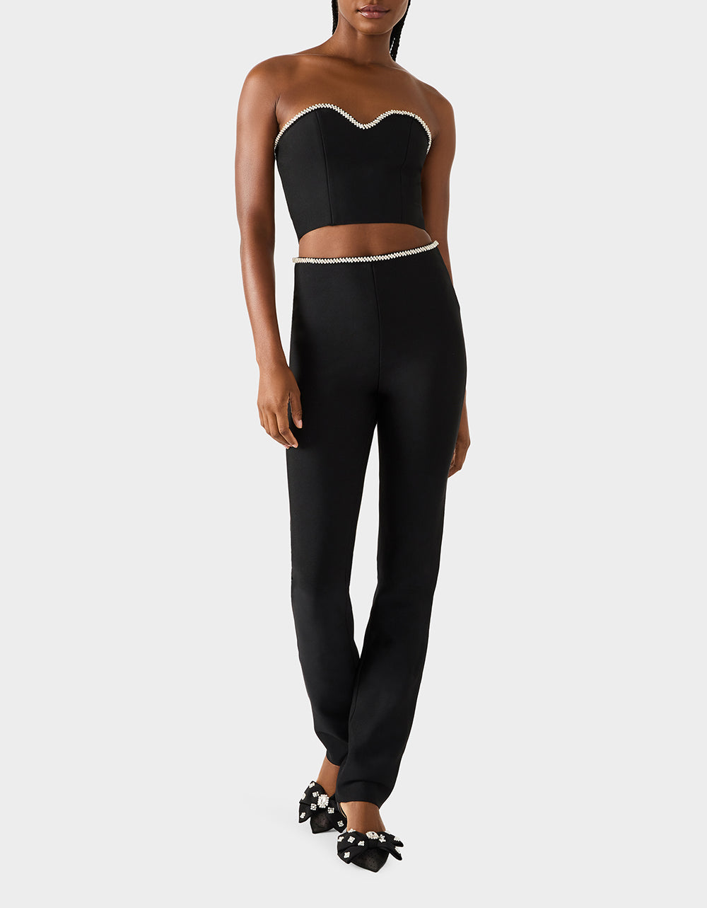 Betsey Johnson Trusted - JEWELED SET BLACK Women's Black Crop Top and Pant Rhinestone Set