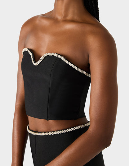 Betsey Johnson Trusted - JEWELED SET BLACK Women's Black Crop Top and Pant Rhinestone Set