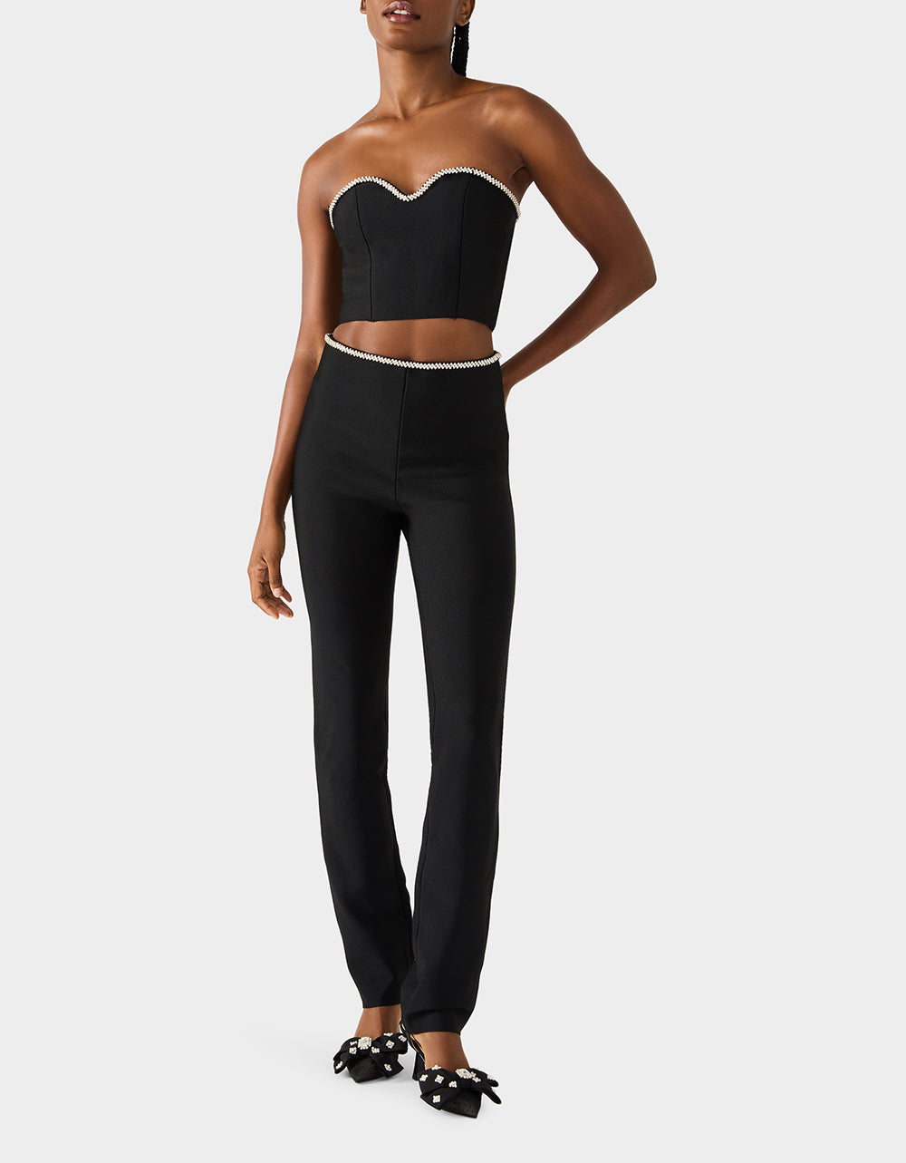 Betsey Johnson Trusted - JEWELED SET BLACK Women's Black Crop Top and Pant Rhinestone Set
