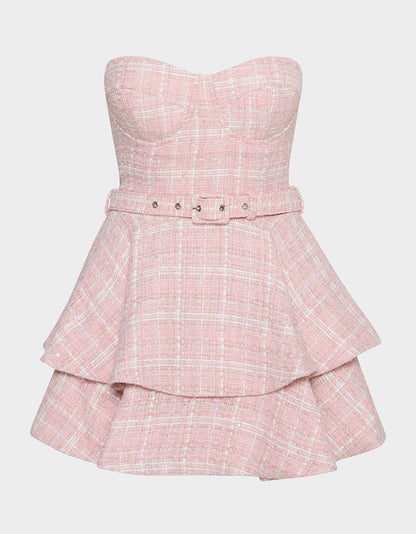 Betsey Johnson Popular - BELTED TWEED DRESS POWDER PINK Women's Strapless Croset Dress