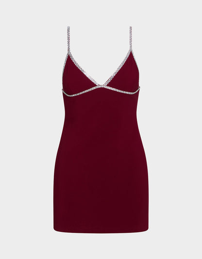 Betsey Johnson New - CRYSTAL SLIP DRESS WINE Women's Burgundy Wine Mini Dress with Rhinestone Details
