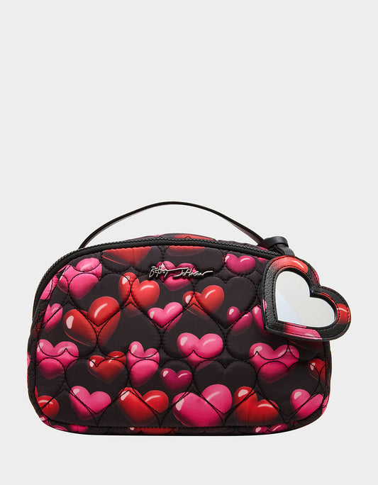 Betsey Johnson Best Price - LOAF COSMETIC CASE WITH MIRROR BLACK/MULTI Women's Heart Print Travel Cosmetic Case