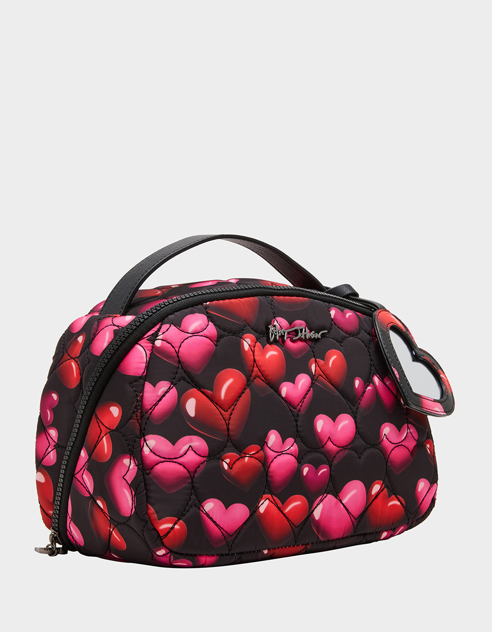 Betsey Johnson Best Price - LOAF COSMETIC CASE WITH MIRROR BLACK/MULTI Women's Heart Print Travel Cosmetic Case