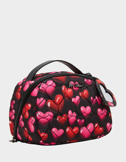Betsey Johnson Best Price - LOAF COSMETIC CASE WITH MIRROR BLACK/MULTI Women's Heart Print Travel Cosmetic Case