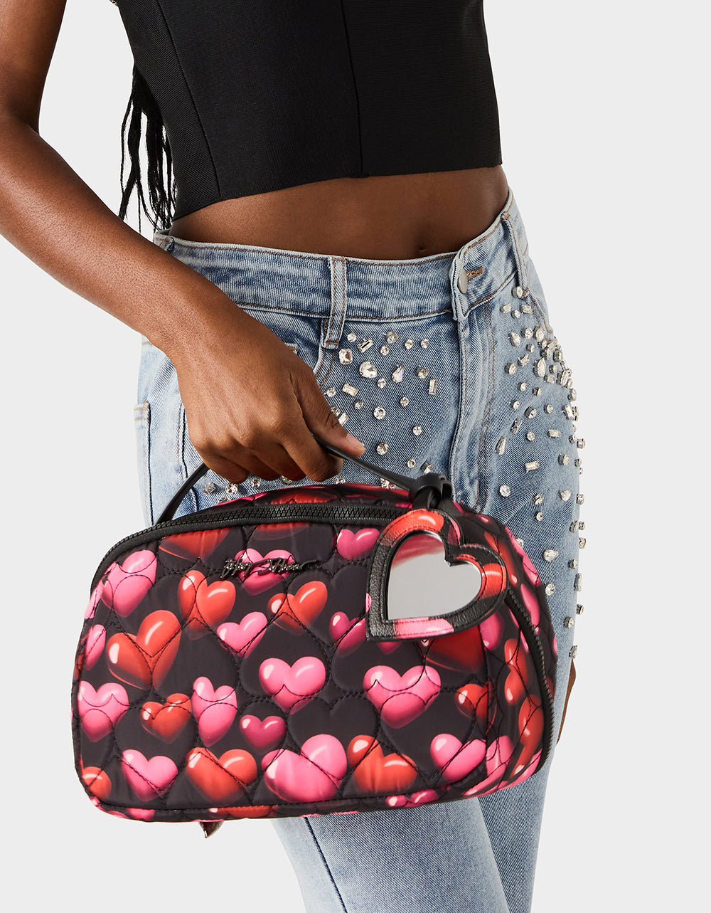 Betsey Johnson Best Price - LOAF COSMETIC CASE WITH MIRROR BLACK/MULTI Women's Heart Print Travel Cosmetic Case