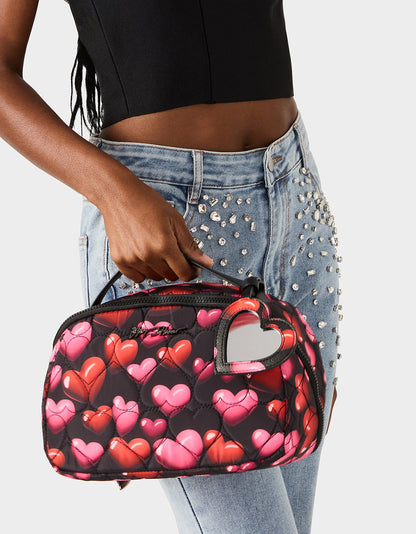 Betsey Johnson Best Price - LOAF COSMETIC CASE WITH MIRROR BLACK/MULTI Women's Heart Print Travel Cosmetic Case