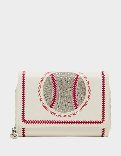 Betsey Johnson Latest - GRAND SLAM WALLET ON CHAIN CREAM Women's Baseball-Themed Rhinestone Embellished Wallet on Chain Crossbody Handbag