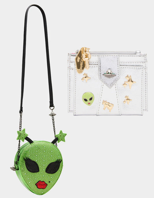 Betsey Johnson Trusted - OUT OF THIS WORLD BUNDLE Women's Rhinestone Alien Crossbody Handbag and Wallet Set