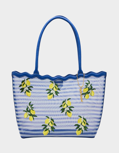 Betsey Johnson Quality - MESHIN AROUND TOTE BLUE/STRIPE Lemon Embroidered Mesh Women's Tote Handbag