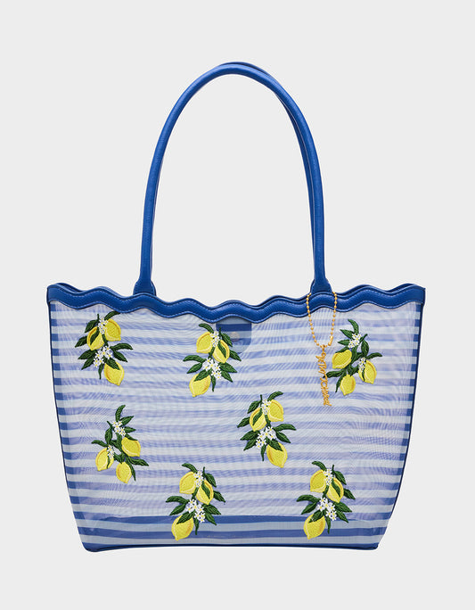 Betsey Johnson Quality - MESHIN AROUND TOTE BLUE/STRIPE Lemon Embroidered Mesh Women's Tote Handbag