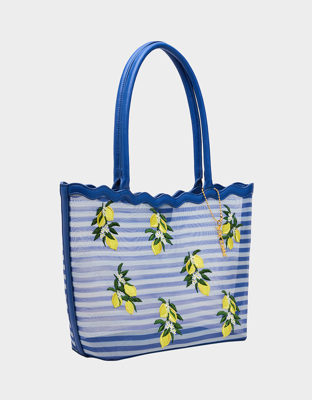 Betsey Johnson Quality - MESHIN AROUND TOTE BLUE/STRIPE Lemon Embroidered Mesh Women's Tote Handbag