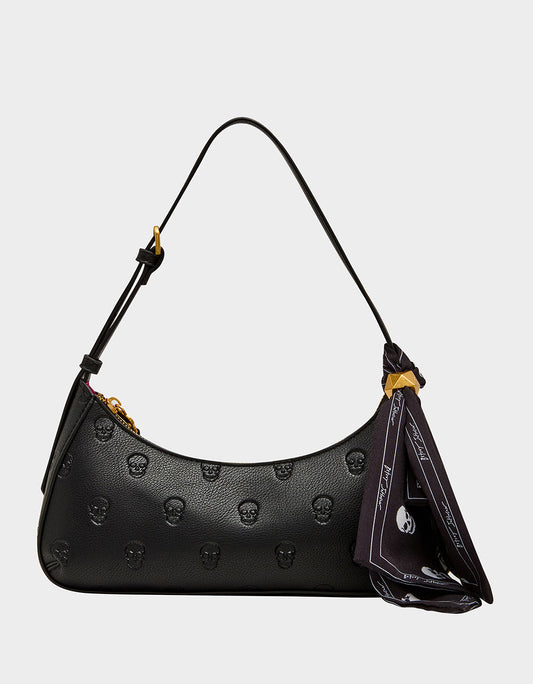 Betsey Johnson Signature - GET AHEAD SHOULDER BAG BLACK Black Skull Pink Shoulder Bag With Scarf