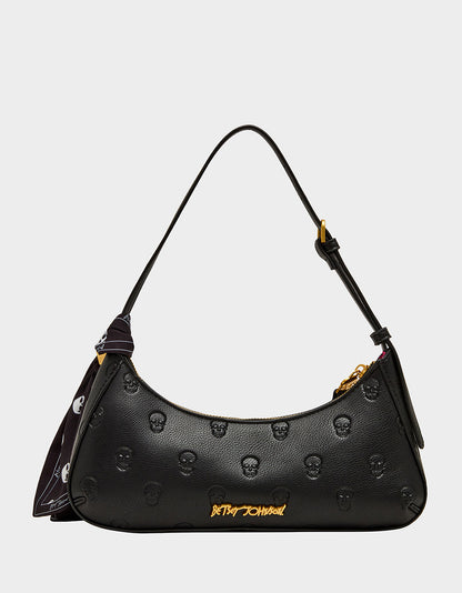 Betsey Johnson Signature - GET AHEAD SHOULDER BAG BLACK Black Skull Pink Shoulder Bag With Scarf