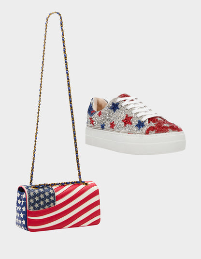 Betsey Johnson Sale - AMERICANA BUNDLE Women's Red White Blue USA Star Sneakers and American Flag Handbag Bundle