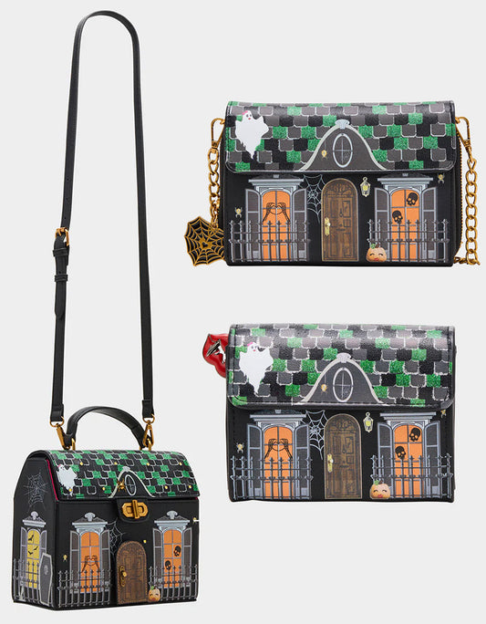 Betsey Johnson Quality - FOREVER HOME BUNDLE Women's Haunted House Halloween Crossbody, Wallet on Chain, and Wallet Set