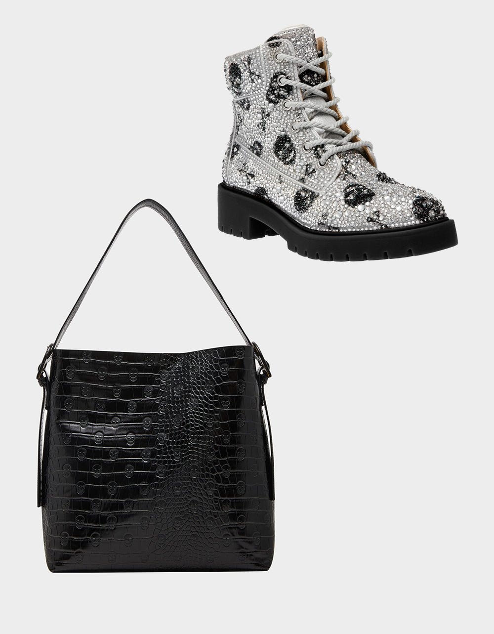Betsey Johnson Smart Buy - THE GOTH GIRL HOLIDAY BUNDLE Women's Rhinestone Skull Combat Boots and Black Bucket Handbag
