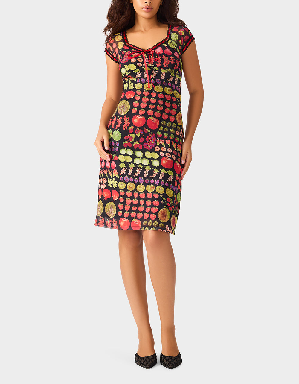 Betsey Johnson Sale - BETSEY'S FRUIT DRESS BLACK MULTI Women's Fruit Print Short-Sleeved Slip Dress