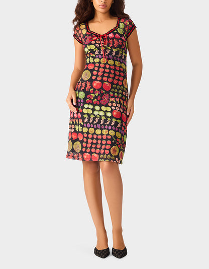 Betsey Johnson Sale - BETSEY'S FRUIT DRESS BLACK MULTI Women's Fruit Print Short-Sleeved Slip Dress