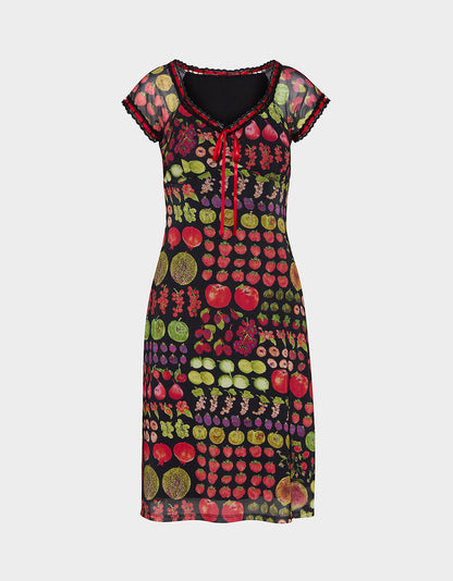 Betsey Johnson Sale - BETSEY'S FRUIT DRESS BLACK MULTI Women's Fruit Print Short-Sleeved Slip Dress