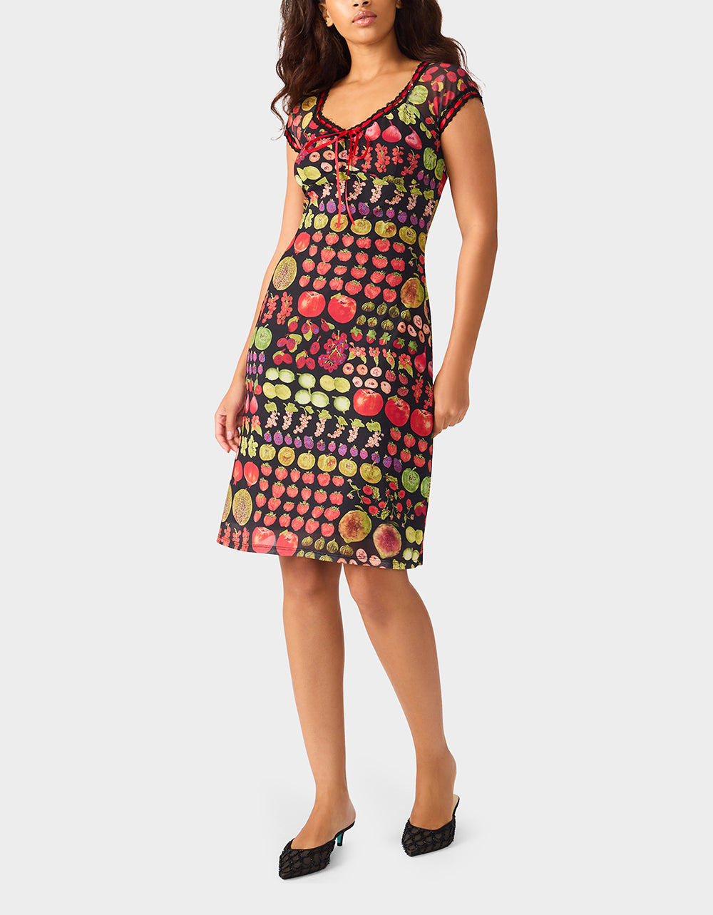 Betsey Johnson Sale - BETSEY'S FRUIT DRESS BLACK MULTI Women's Fruit Print Short-Sleeved Slip Dress