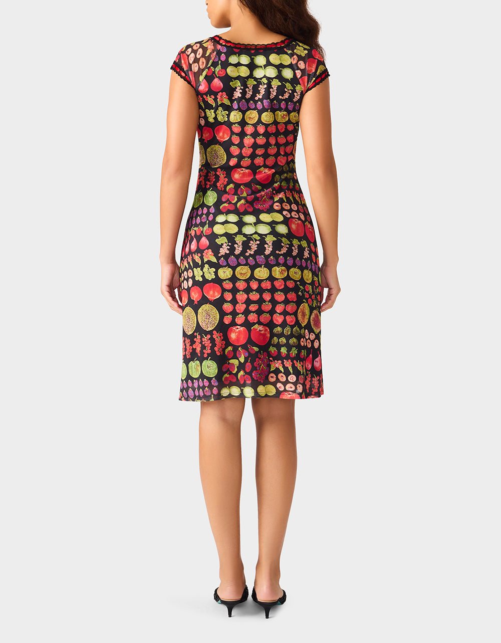 Betsey Johnson Sale - BETSEY'S FRUIT DRESS BLACK MULTI Women's Fruit Print Short-Sleeved Slip Dress