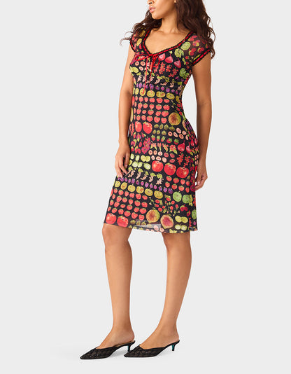 Betsey Johnson Sale - BETSEY'S FRUIT DRESS BLACK MULTI Women's Fruit Print Short-Sleeved Slip Dress