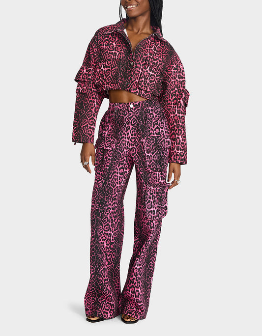 Betsey Johnson Featured - WILD IN PINK BUNDLE Women's Pink Leopard Cropped Jacket and Cargo Pant Set