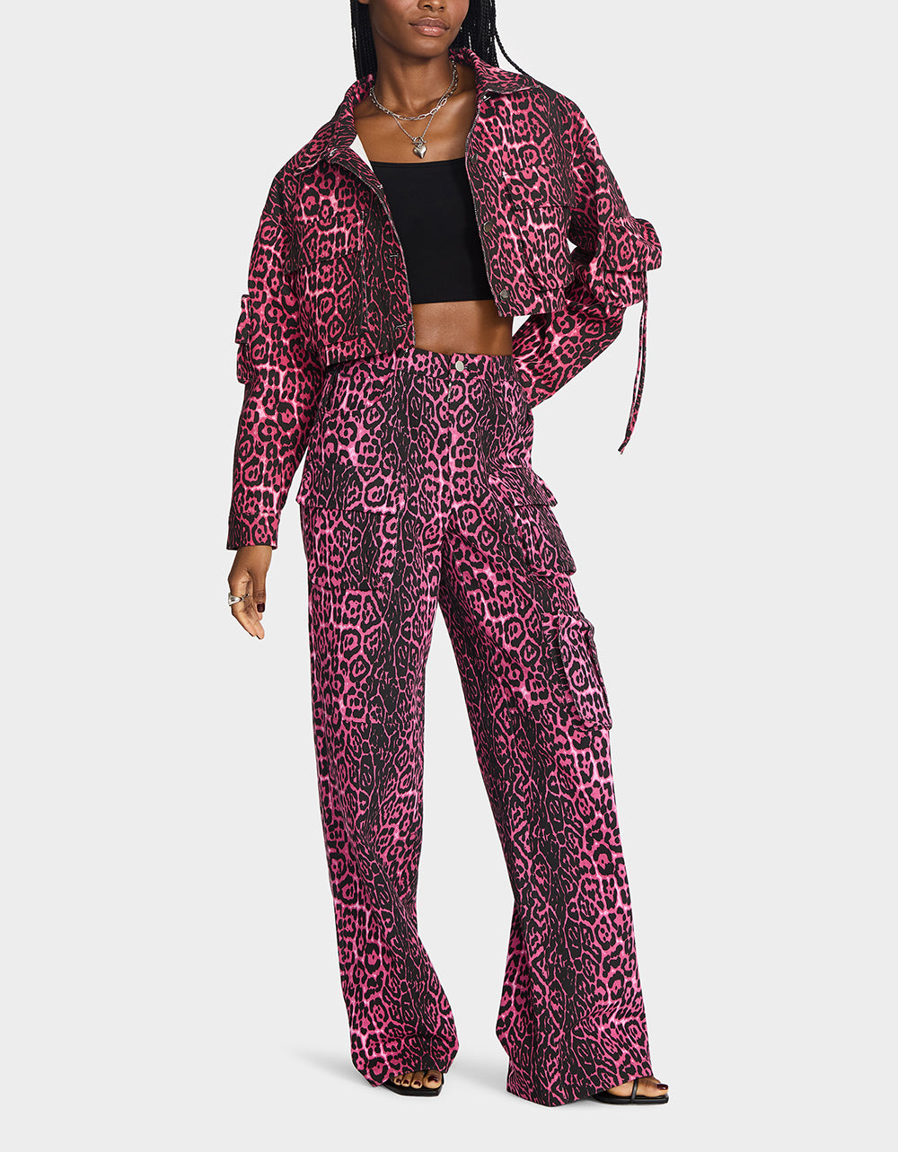 Betsey Johnson Featured - WILD IN PINK BUNDLE Women's Pink Leopard Cropped Jacket and Cargo Pant Set