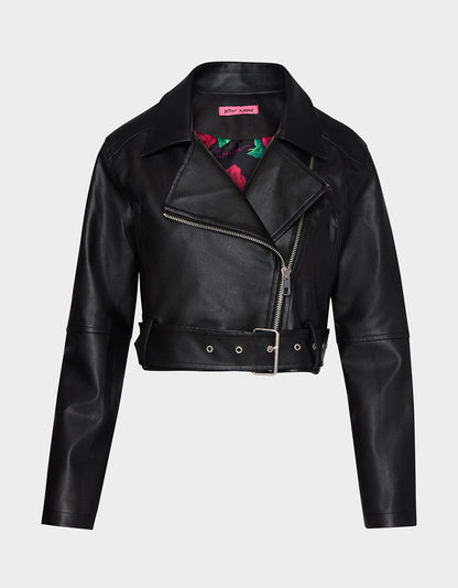 Betsey Johnson Special Offer - REBEL ROSE JACKET BLACK Women's Leather Long-Sleeved Jacket