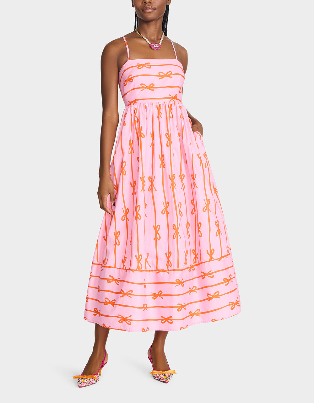 Betsey Johnson Sale - JORDY MAXI DRESS PINK MULTI Women's Flowy Bow Print Maxi Dress
