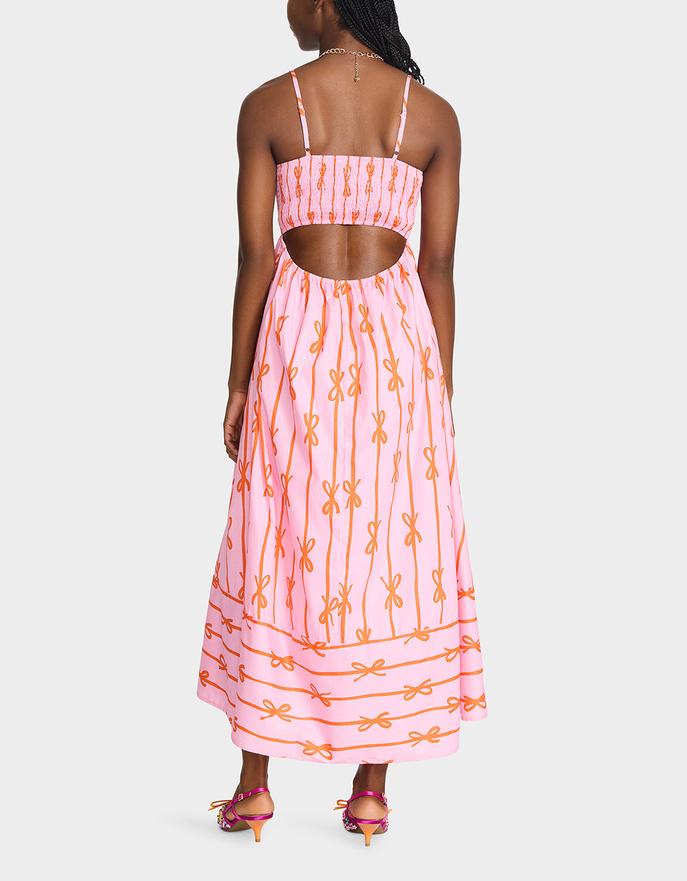 Betsey Johnson Sale - JORDY MAXI DRESS PINK MULTI Women's Flowy Bow Print Maxi Dress