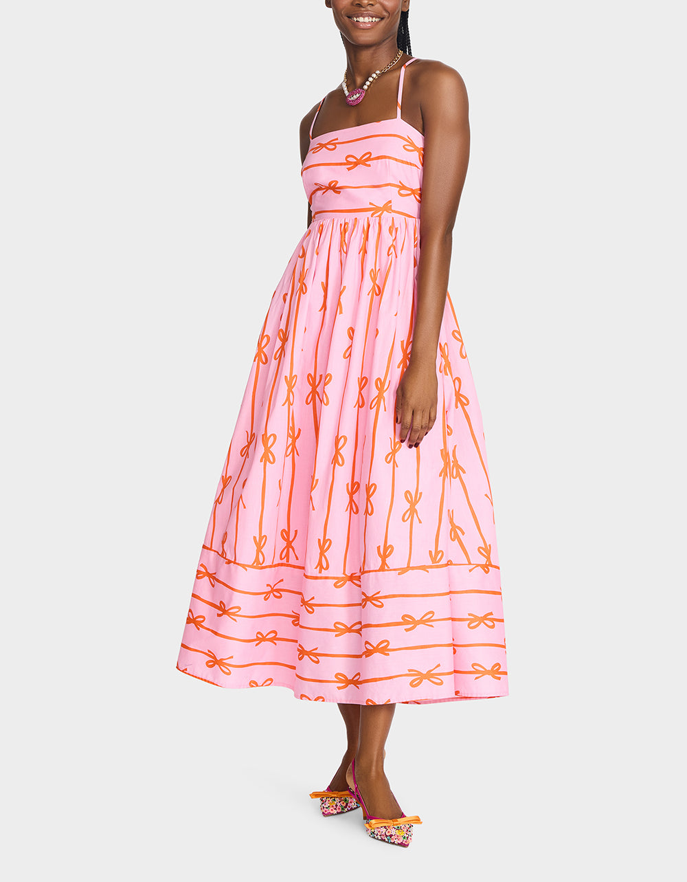 Betsey Johnson Sale - JORDY MAXI DRESS PINK MULTI Women's Flowy Bow Print Maxi Dress