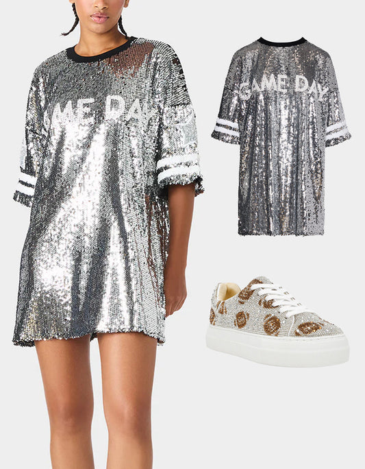 Betsey Johnson Recommended - THE SPORTS FAN HOLIDAY BUNDLE Women's Game Day Sequin Jersey Dress and Sidny Football Rhinestone Sneaker