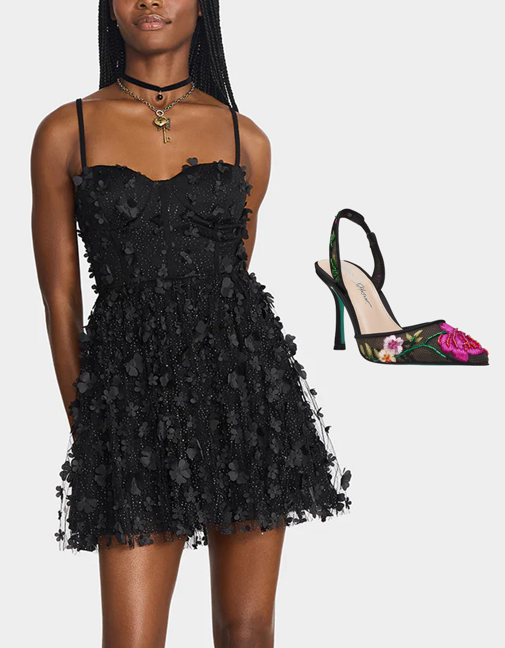 Betsey Johnson Essential - THE FLOWER CHILD HOLIDAY BUNDLE Women's Mini 3D Flower Dress Black and Floral Heel