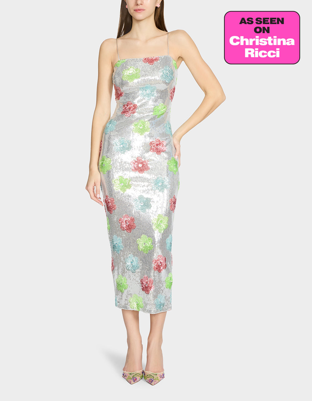 Betsey Johnson Trusted - SASSY SEQUIN DRESS SILVER MULTI Embellished Sequin Flower Maxi Dress