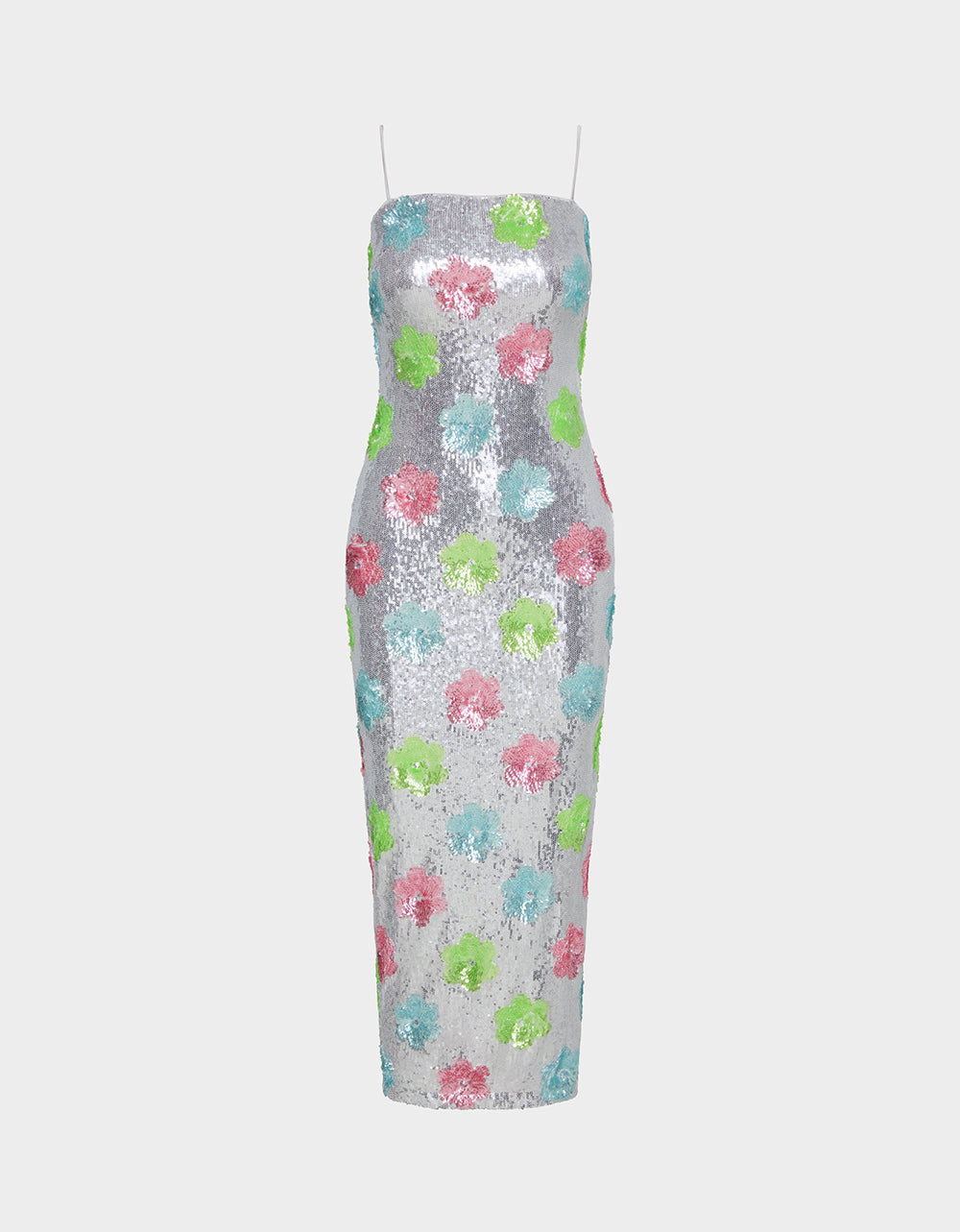 Betsey Johnson Trusted - SASSY SEQUIN DRESS SILVER MULTI Embellished Sequin Flower Maxi Dress